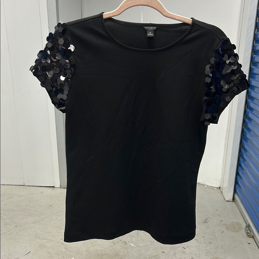 Anne Taylor Black Sequin Sleeve Top